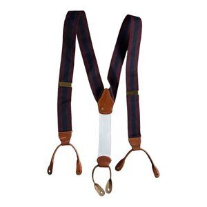 Brooks Brothers Maroon Navy Stripe Adjustable Suspenders Silk Leather England